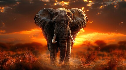 Fototapeta premium majestic elephant walking through the savanna at sunset
