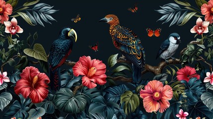 vibrant tropical flowers and birds dark background