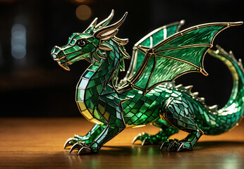 Fototapeta premium Green dragon figurine on wooden surface