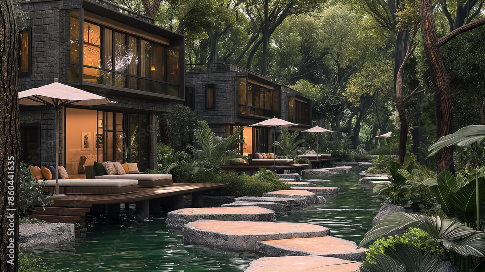 Wall mural modern style forest resort with stream and stone walkway