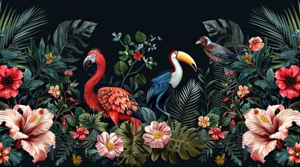 vibrant tropical leaves and flowers with two exotic birds, a scarlet ibis and a toucan