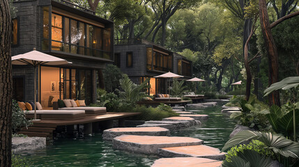 Obraz premium Modern Style Forest Resort with Stream and Stone Walkway