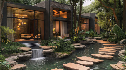 Modern Style Forest Resort with Stream and Stone Walkway