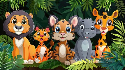 Fototapeta premium Cute cartoon lion, tiger, hippo, and giraffe in the jungle. Vector illustration.