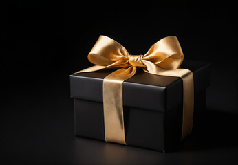Obraz premium Black gift box with golden bow on a black background