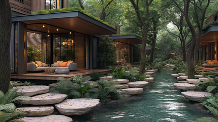 Modern Style Forest Resort with Stream and Stone Walkway