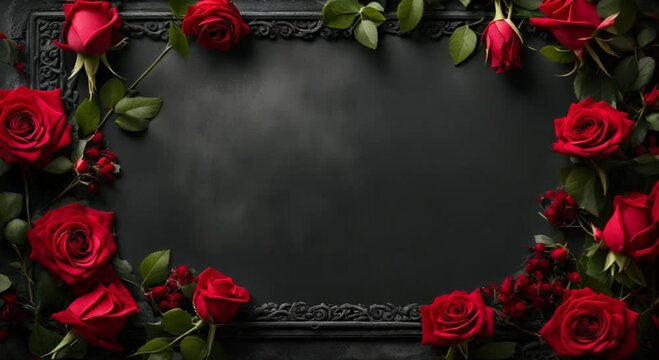 red roses frame on a black background