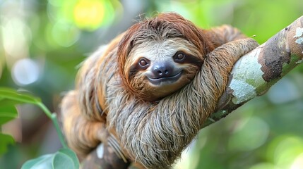 Naklejka premium A cute three-toed sloth is hanging from a branch in the jungle.