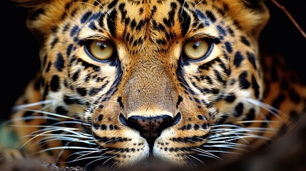 Obraz premium A stunning close-up of a leopard's face, with its piercing yellow eyes and sleek fur.
