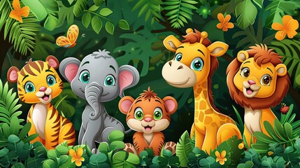 Naklejka premium Cute cartoon tiger, elephant, giraffe, and lion in the jungle. Vector illustration.