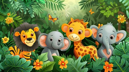 Fototapeta premium Cute cartoon animals in the jungle. Lion, elephant, giraffe and butterfly.