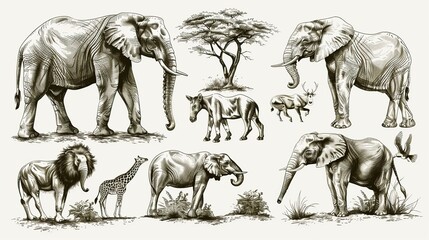 Engraving illustration of african animals.