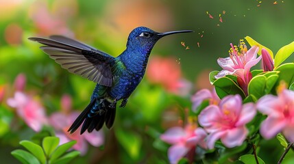 Fototapeta premium A tiny, jewel-like hummingbird hovers near a flower, its long, thin beak probing the blossom for nectar.