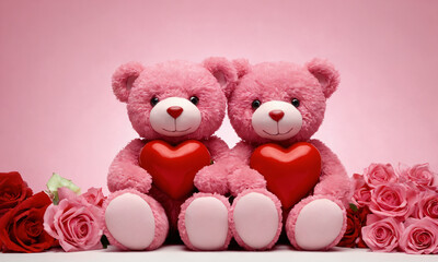 Two pink teddy bears holding red hearts on pink background