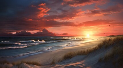 An atmospheric image of dark clouds hovering over the ocean at sunset, with sand dunes in the foreground, creating a dramatic and contemplative scene full of beauty and contrast.