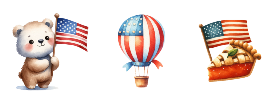 A cartoon bear holding a flag and a hot air balloon
