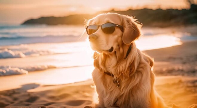 golden retriever dog wearing sunglasses on the beach at sunset