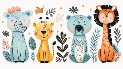 Set of cute cartoon animals. Elephant, lion, koala and giraffe. Vector illustration.