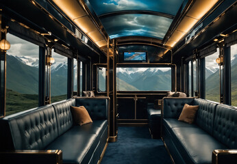 Fototapeta premium Luxurious train car interior with mountain views during daytime