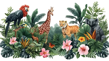 Watercolor illustration of a giraffe, elephant, tiger, deer, parrot, butterfly and flowers in the jungle.