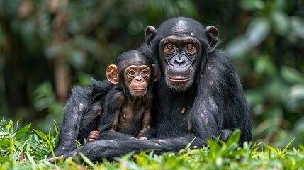 A chimpanzee mother and her infant sit together in the lush green jungle, their bond evident in their shared gaze.