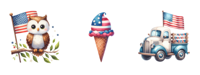 A cartoon of an owl, an ice cream cone, and a truck with an American flag