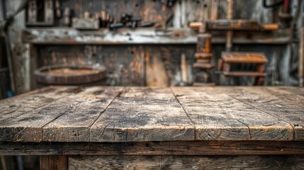 rustic carpenters workbench with aged oak wood texture abstract background