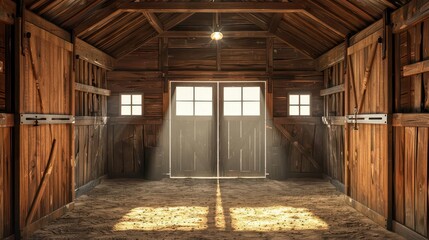 rustic horse stable interior with wooden walls and stall door sunlight streaming in realistic 3d render