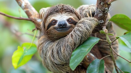 Fototapeta premium A sloth hanging from a tree branch in the jungle.