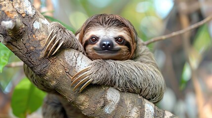 Fototapeta premium A sloth is hanging from a tree branch with a big smile on its face.