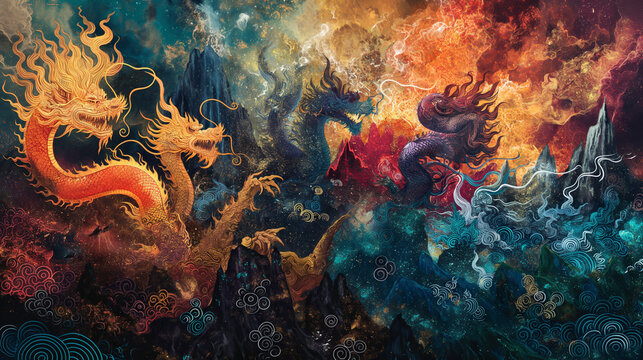 A vibrant digital painting depicting three majestic dragons amidst a swirling landscape of fire, water, and earth.