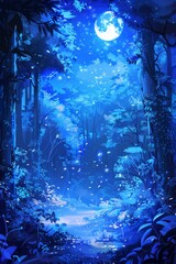 Illustration of a forest at night. moonlight is illuminating the forest. Autumn leaves falling to the ground