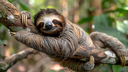 Fototapeta premium A cute three-toed sloth is hanging from a branch in the rainforest.