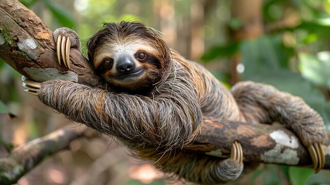 A cute three-toed sloth is hanging from a branch in the rainforest.