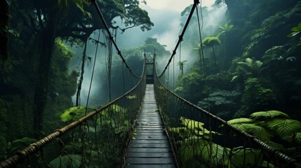 Fototapeta premium A stunning adventure awaits on this rustic rope bridge surrounded by lush, misty rainforest, offering a mystical and serene experience amidst nature's untouched beauty.