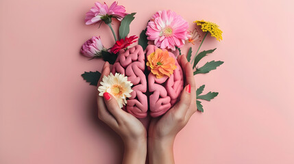Hands holding paper head human brain with flowers self care and mental health concept positive thinking : Generative AI