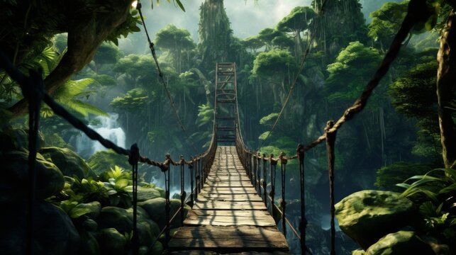 Fototapeta A breathtaking scene of a sturdy suspension bridge set amidst a vibrant, lush jungle with cascading waterfalls, inviting an adventurous walk through nature's splendor.