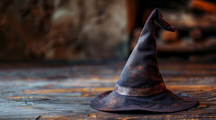  Halloween Witch Hat on Wooden Background with Text Space