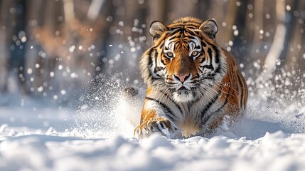 Tiger Leaping Through Snow, Snowflakes Flying