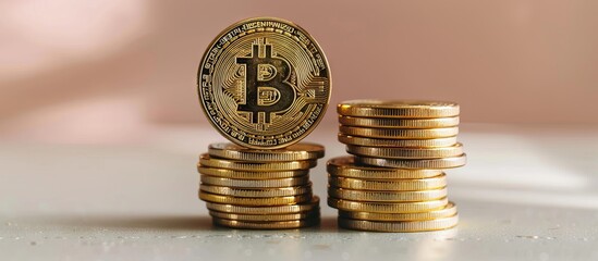 Stack of Bitcoin Coins Against a Blurred Background