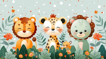 Obraz premium Cute cartoon lion, leopard and tiger in the jungle with flowers and leaves