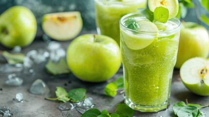 Fototapeta premium A glass of green apple juice is on a table with several apples