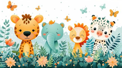 Naklejka premium Cute cartoon animals in the jungle with flowers and butterflies