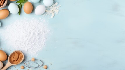 Baking essentials, such as flour and eggs, arranged on a pastel blue backdrop with a wooden spoon and other kitchen tools, suggesting a preparation for a baking recipe.