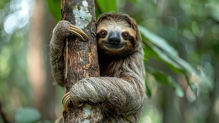 Fototapeta premium A sloth is an arboreal mammal native to Central and South America. It is known for its slow metabolism and its habit of spending most of its time hanging upside down from trees.