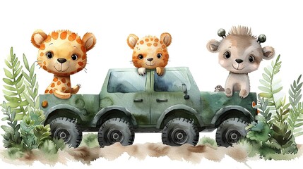 Cute watercolor illustration with cartoon animals in a safari car. Perfect for kids room decor, baby shower invitations, and more.