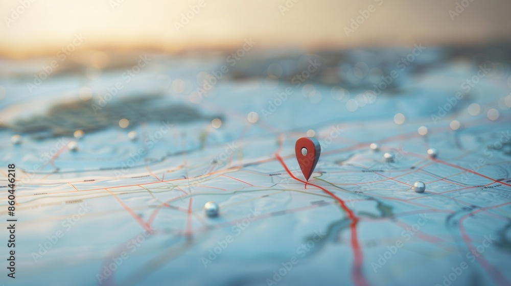 Poster a clean, modern image featuring a red location pin on a map with a sunset in the background. ideal f