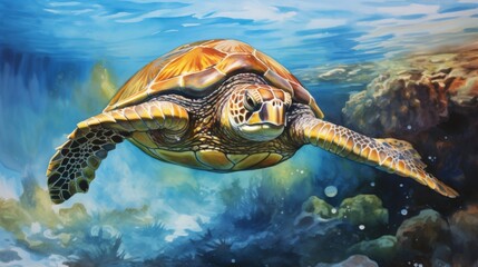 Obraz premium A highly detailed and realistic painting of a sea turtle swimming underwater, featuring vivid colors and lifelike textures capturing the essence of marine life vividly.