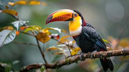 Obraz premium A brightly colored toucan perches on a branch in the rainforest.