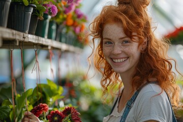 Naklejka premium A young woman with red hair tends to vibrant flowers in a greenhouse, demonstrating care and passion for gardening in a lush, green environment.